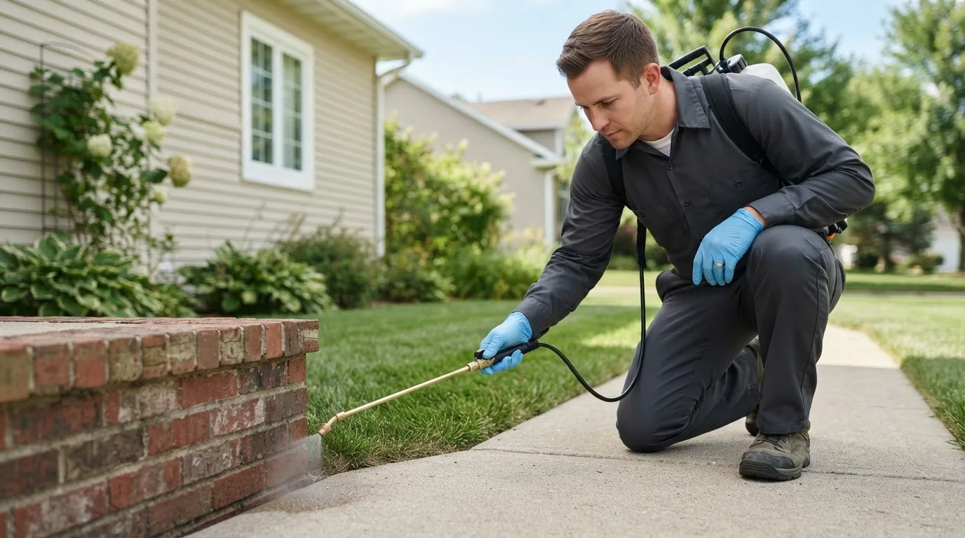 Pest control technician treating a home near Clinton, IN