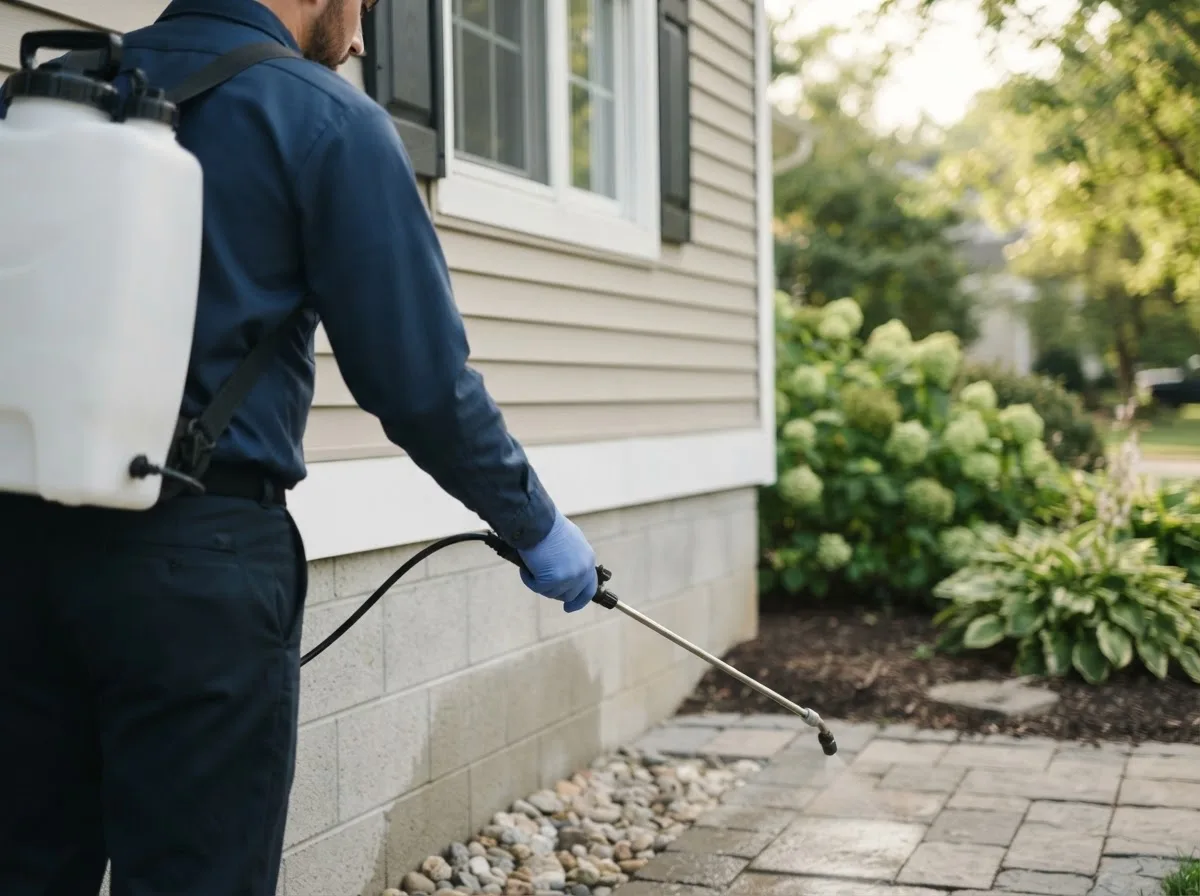 Pest control technician inspecting a home in Clinton, IN